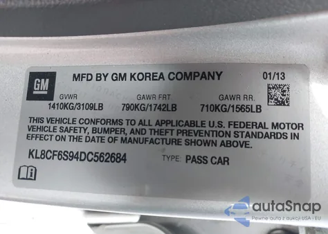 2013 Chevrolet Spark 2Lt Auto from USA, damaged, VIN KL8CF6S94DC562684